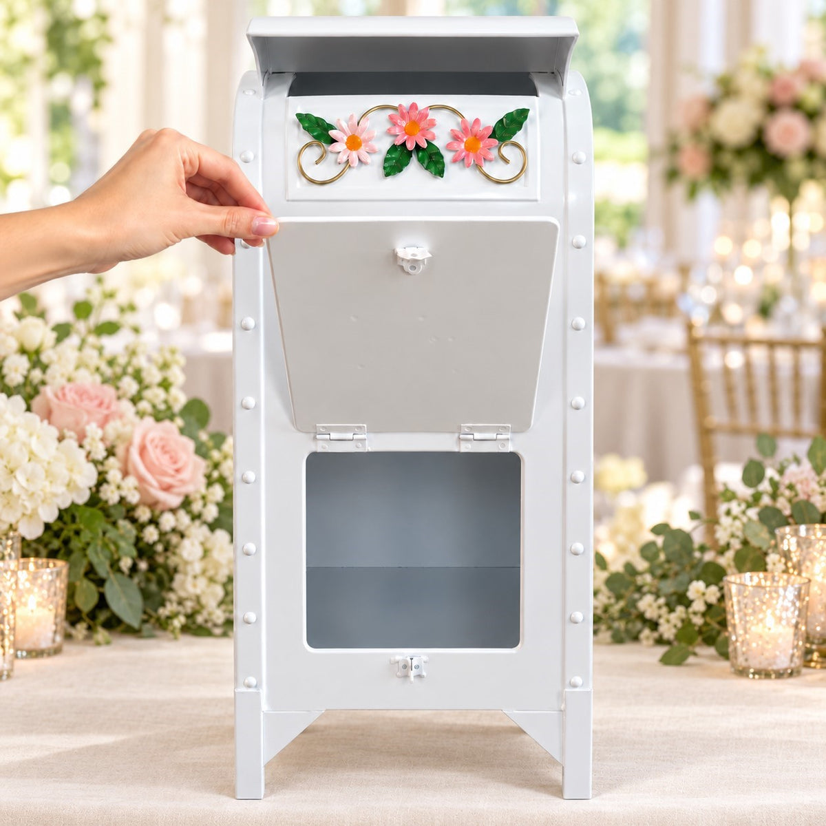 Open lower compartment of the white wedding card mailbox