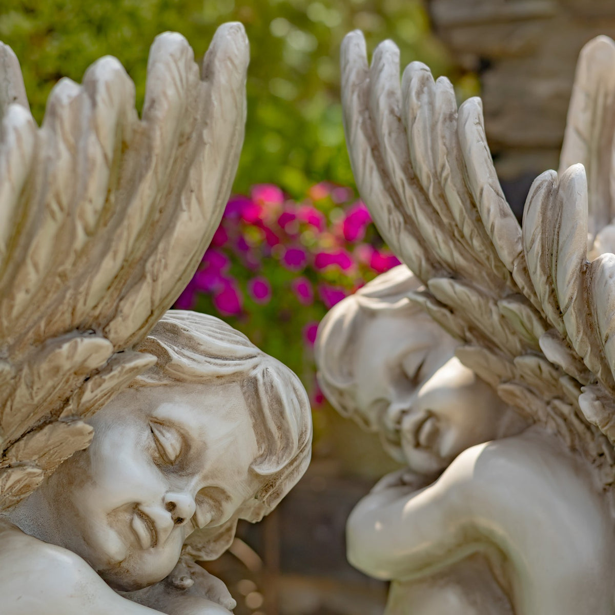 Close view of two reclining cherub statues with large feathered wings in a garden.