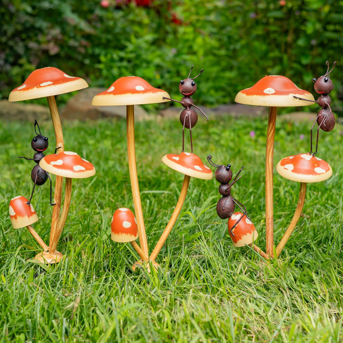 Set of 6 Assorted Funny Ants on Iron Mushroom Garden Stakes