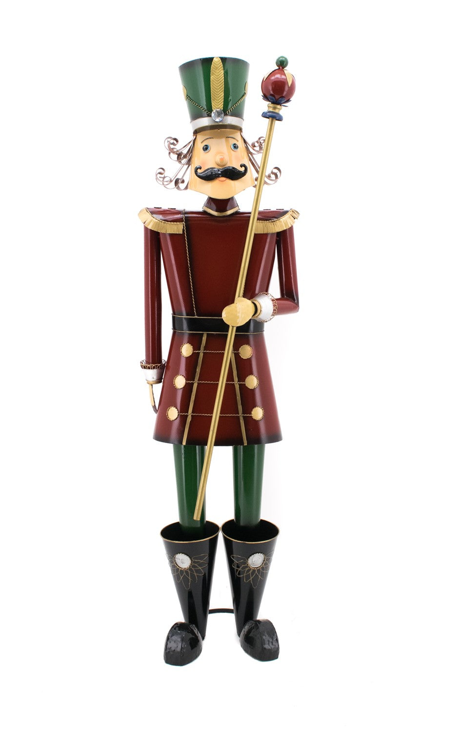 Burgundy-and-green nutcracker figure in a tall hat, holding a gold baton against a white background.
