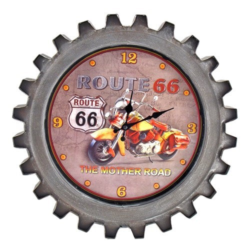 Wall clock with a toothed metal-style rim and an orange motorcycle illustration on a muted dial.