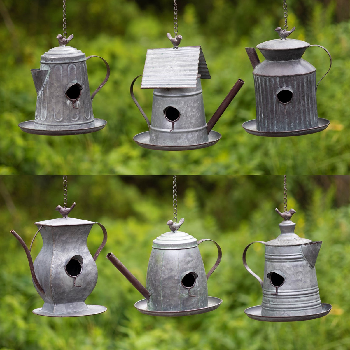 Six different metal teapot-shaped birdhouses displayed in two rows against a green garden backdrop.