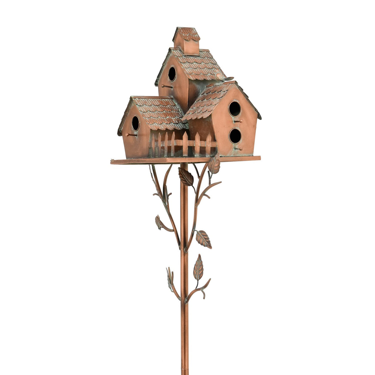 Cluster of rustic birdhouses with shingled roofs on a leafy metal stake.