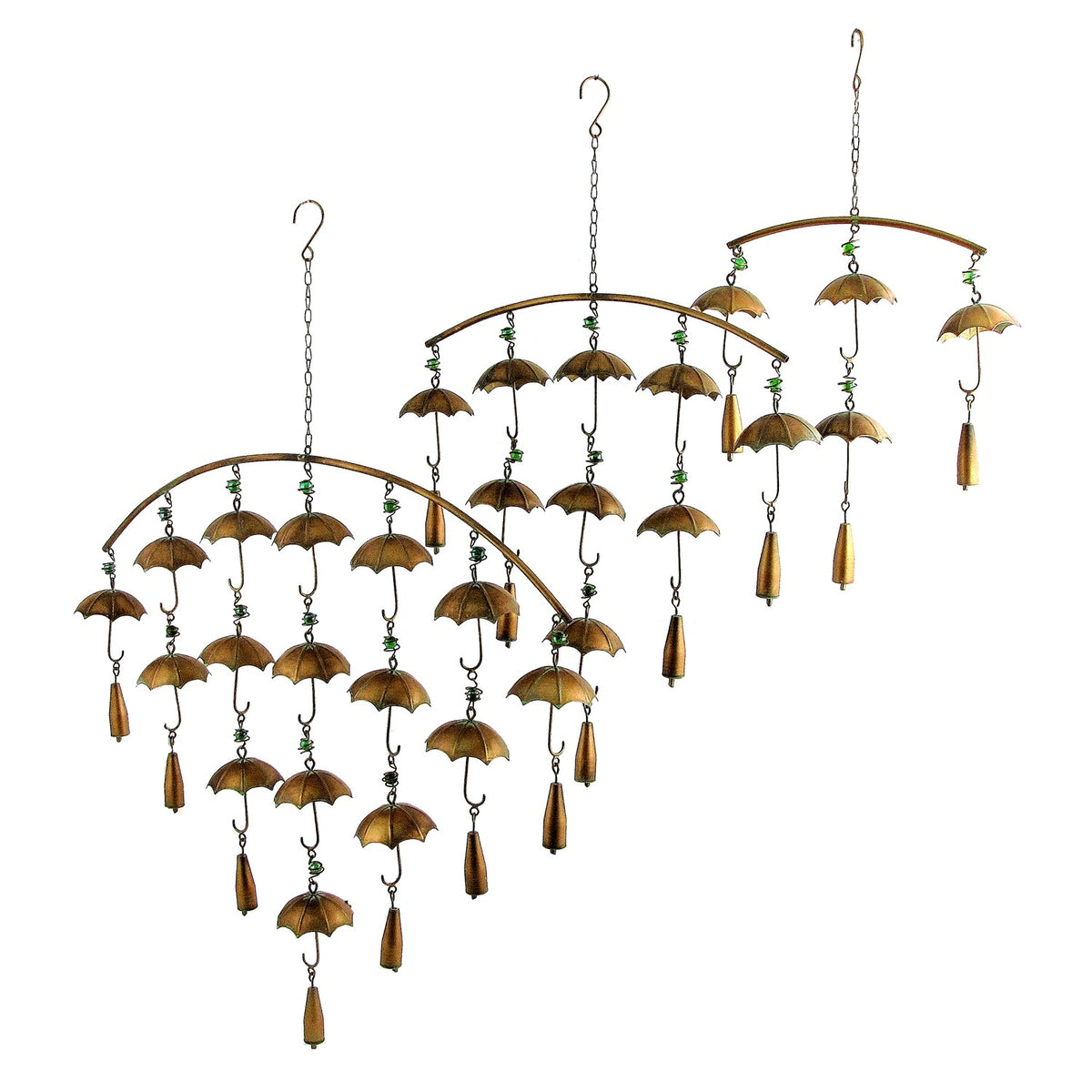 Three hanging metal chimes with rows of small umbrella shapes and dangling bell weights.