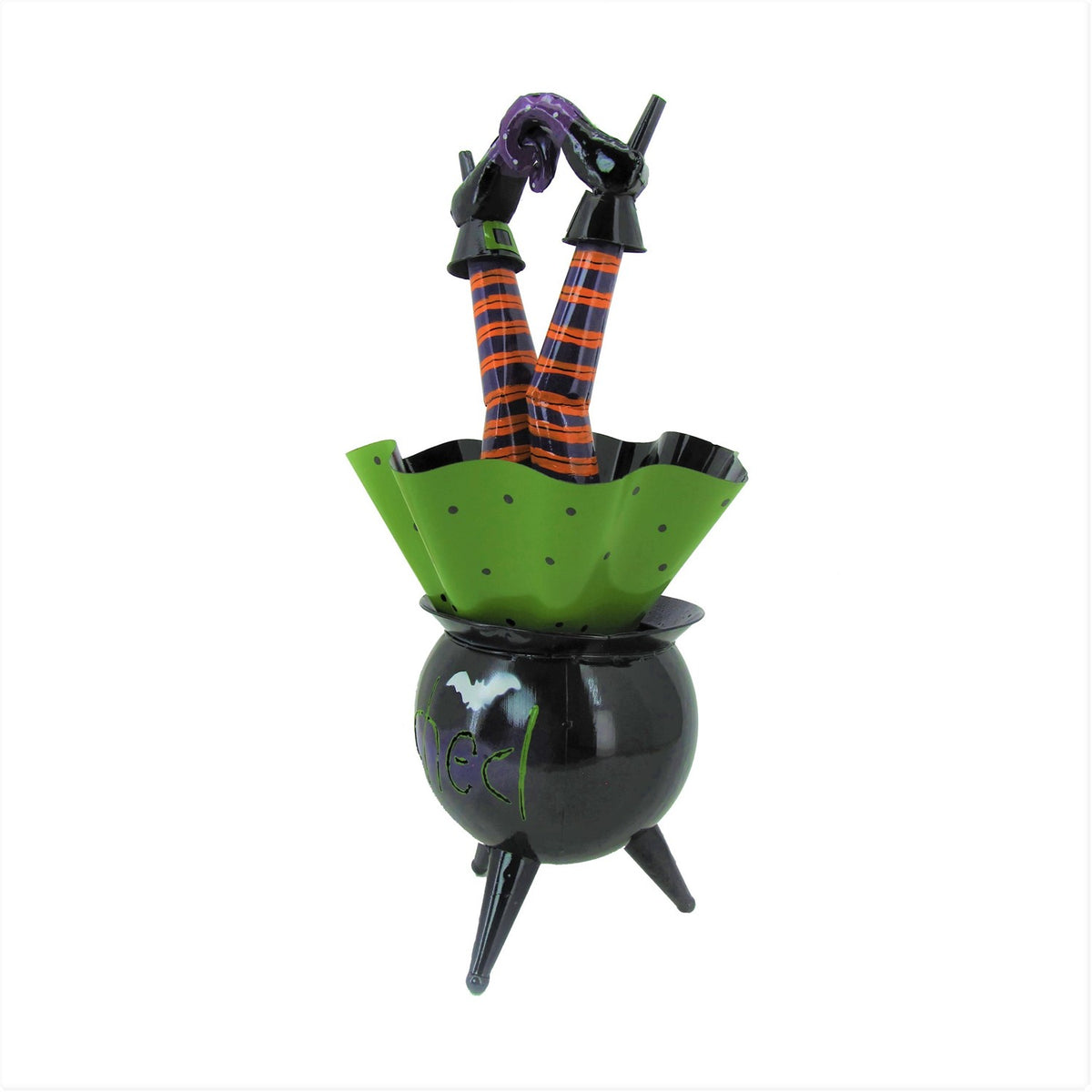 Black cauldron with a green rim, three legs, and striped witch legs sticking out.