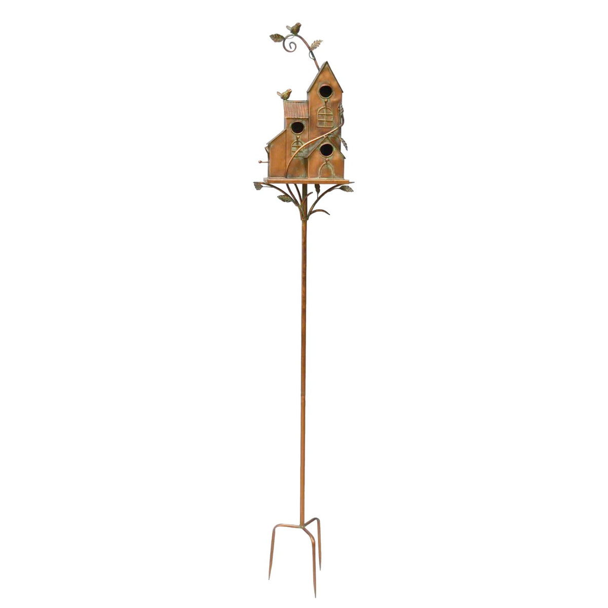 A tall metal stake topped with a cluster of three birdhouses, leafy branches, and a curled bird detail.