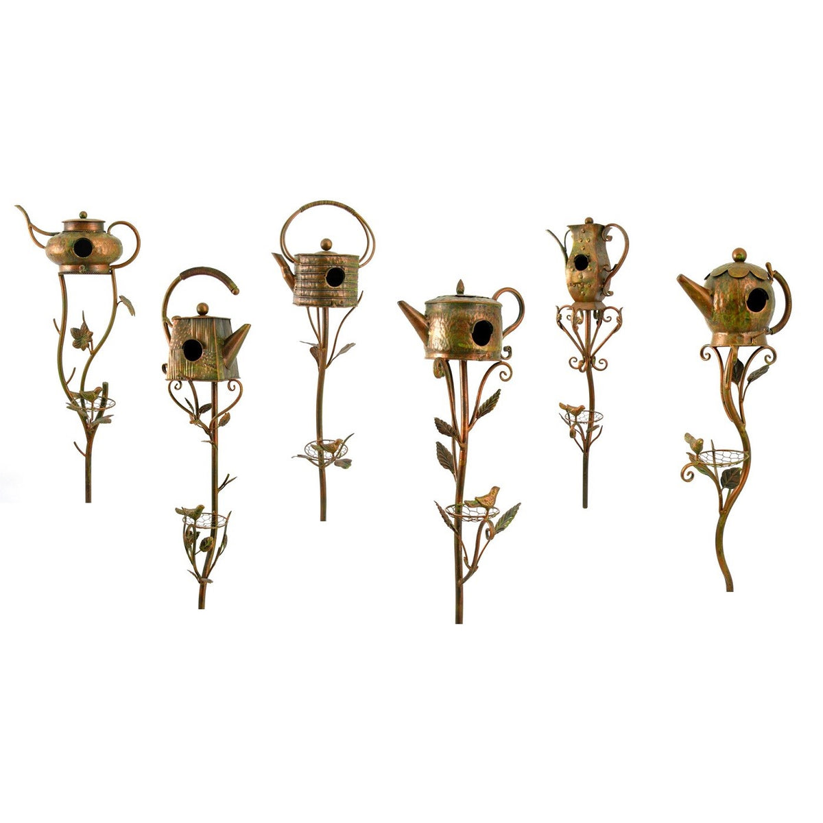 Six teapot-shaped birdhouses on decorative metal garden stakes, shown in different shapes and poses.