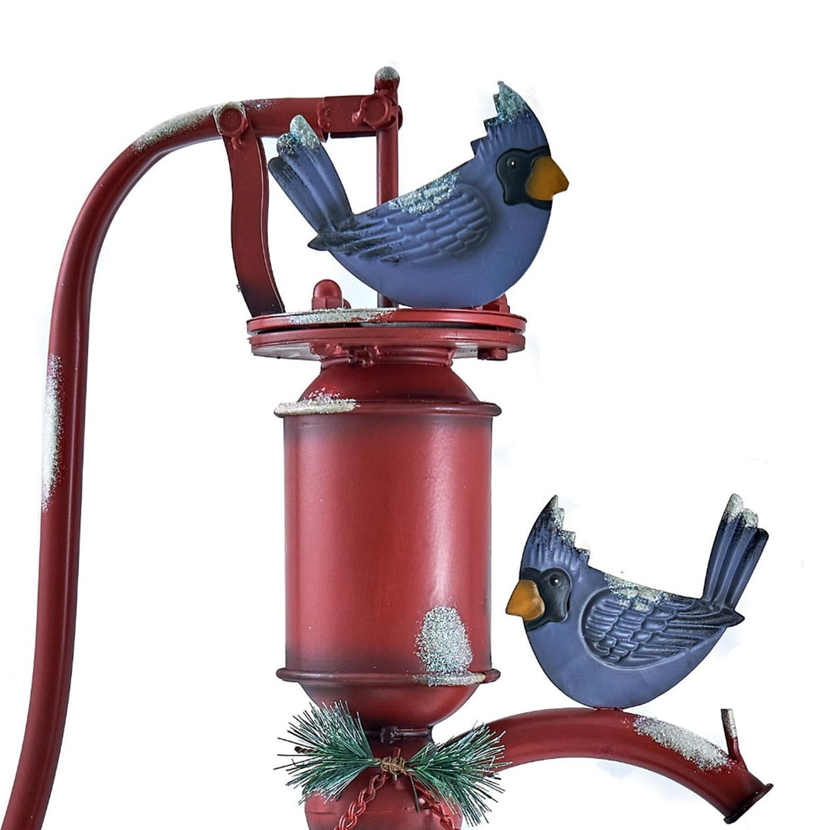 Close-up of two blue bird figures perched on the pump handle and curved spout.