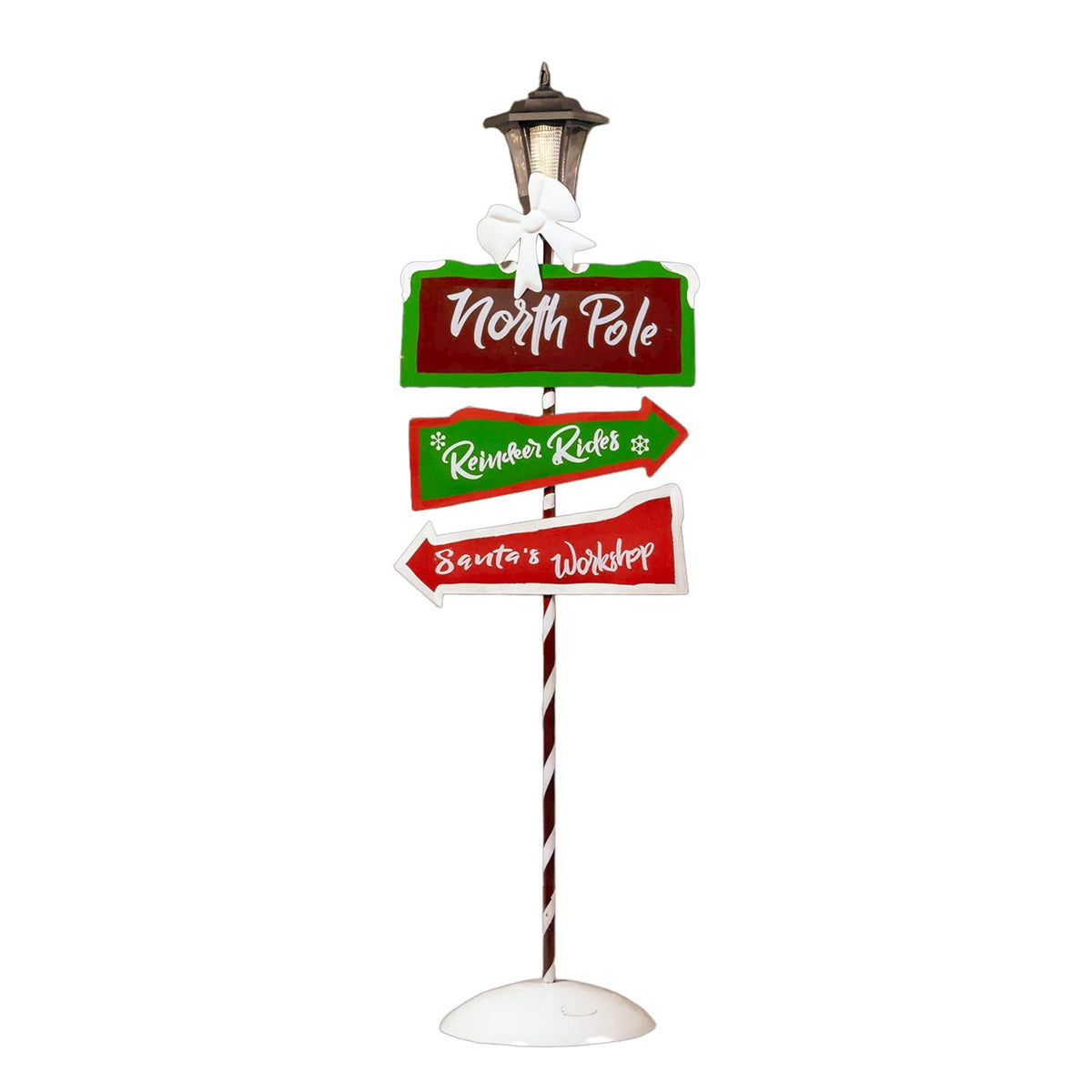 Full standing holiday signpost with lantern, pinwheel, striped pole, and three colorful directional signs.