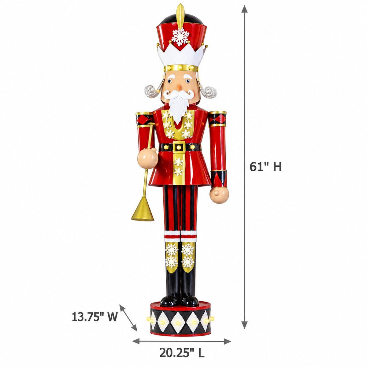 A red-and-gold nutcracker holding a trumpet is shown full-length against a white background with measurement arrows.