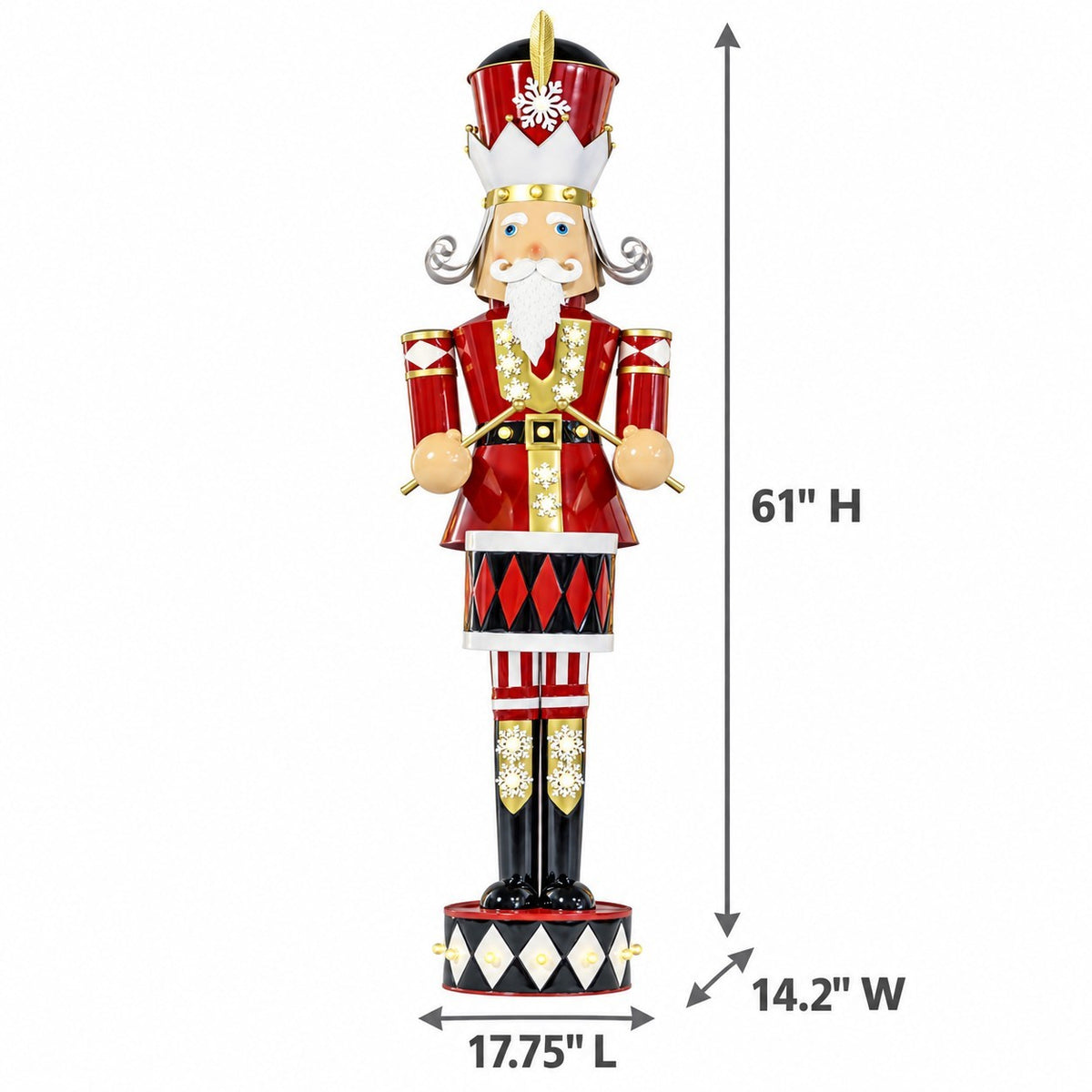 Full view of the nutcracker on a white background with arrows marking its height, width, and length.