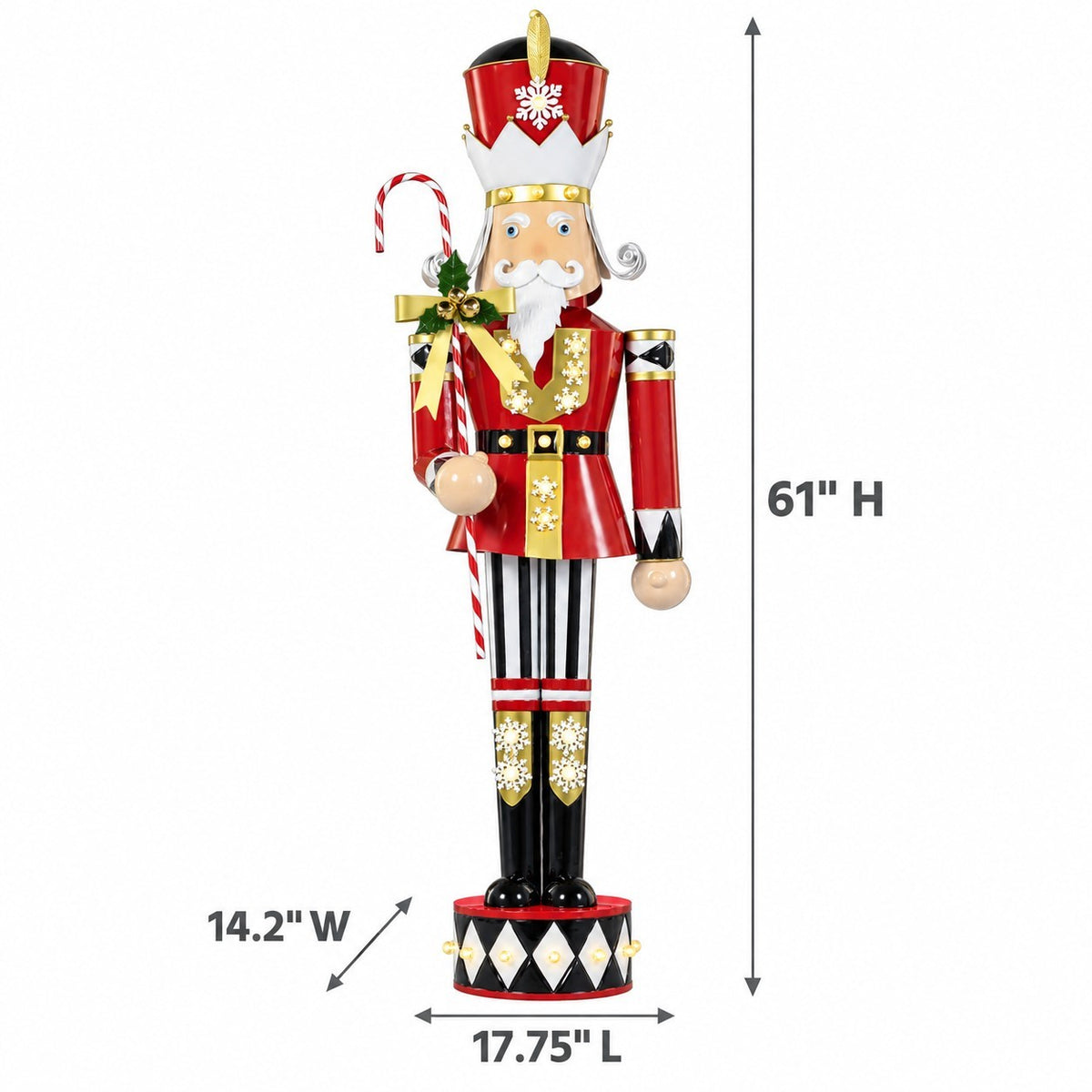 Full view of the nutcracker against a white background with arrows marking its height, width, and length.