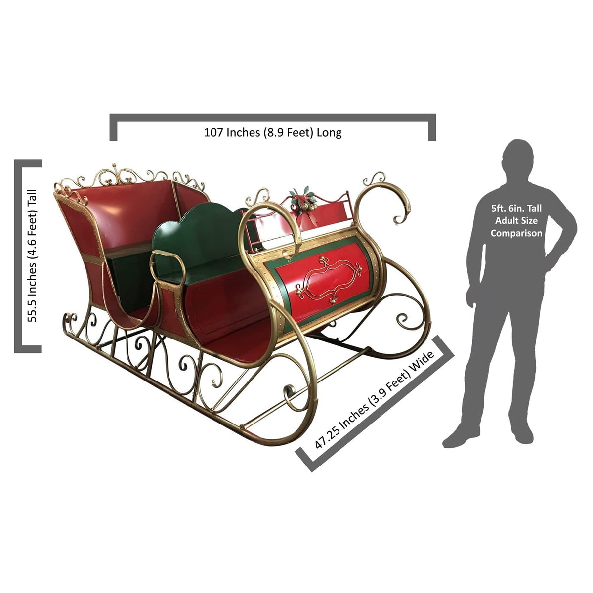 Decorative red and green sleigh shown beside a human silhouette, with measurement arrows around it.