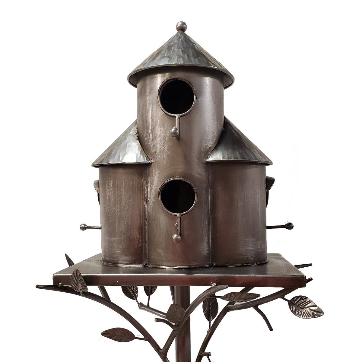 Front view of the birdhouse stake against a white background, with two entry holes visible on the tall center house.