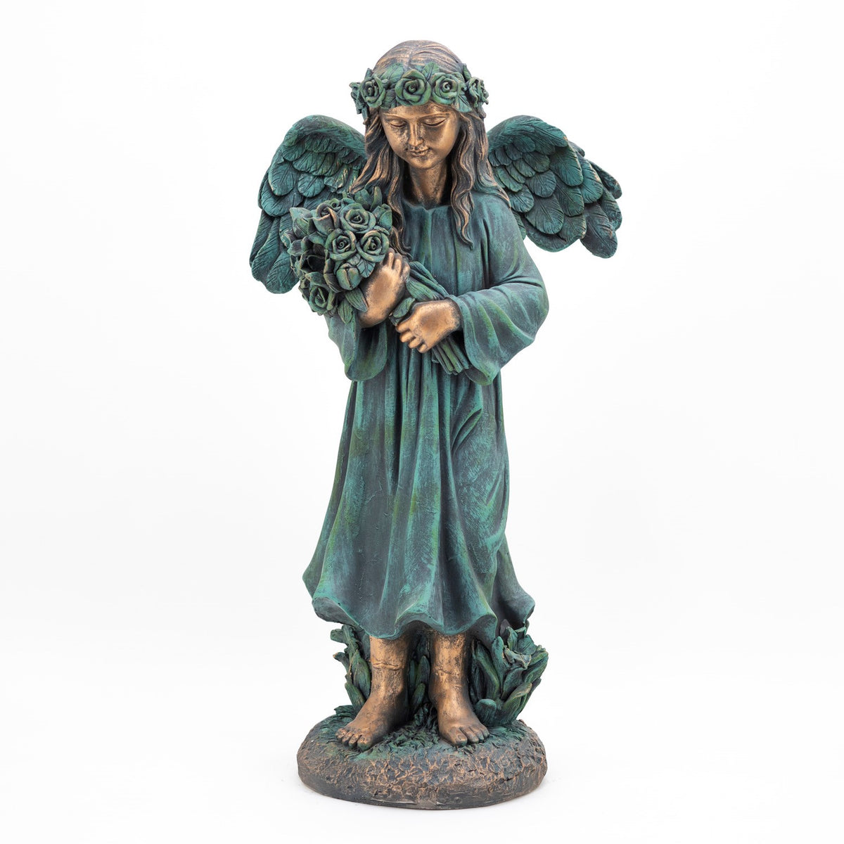 Full front view of the angel statue holding a bouquet against a white background.