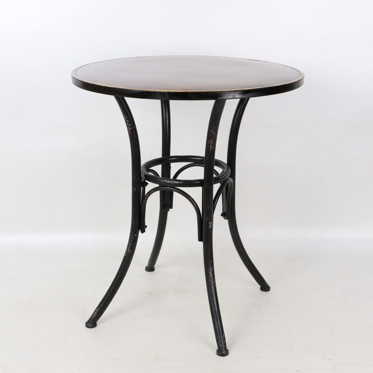 Round bistro table with a dark top and curved iron legs, shown against a plain background.