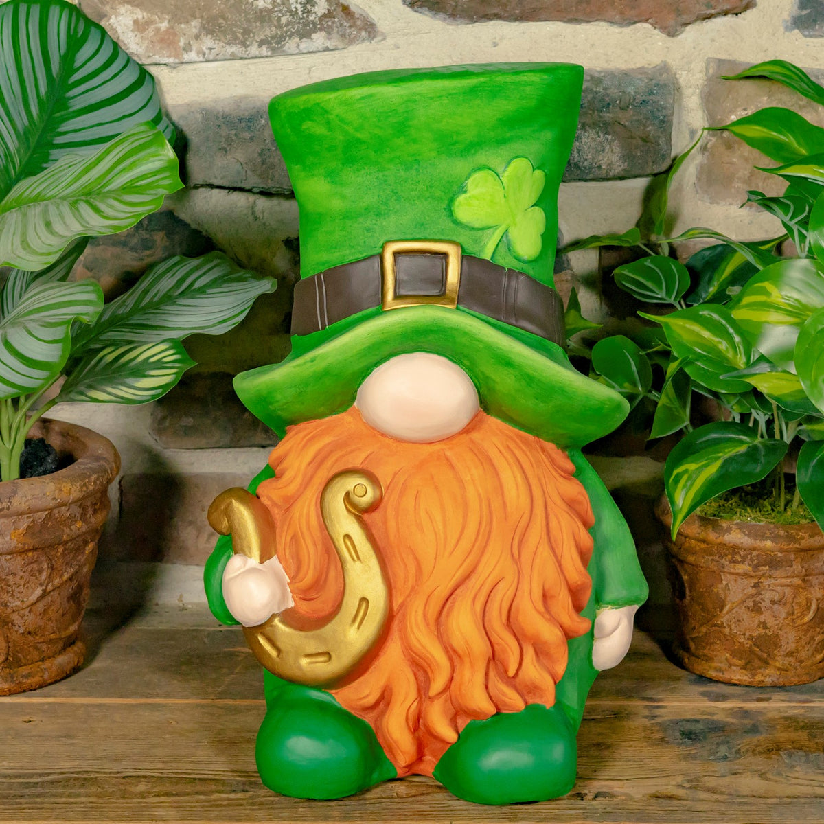 Gnome with a tall green top hat, orange beard, shamrock accent, and gold horseshoe.