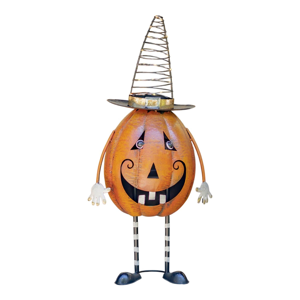 Orange jack-o'-lantern figurine with a tall wire witch's hat, dangling arms, striped legs, and dark shoes.