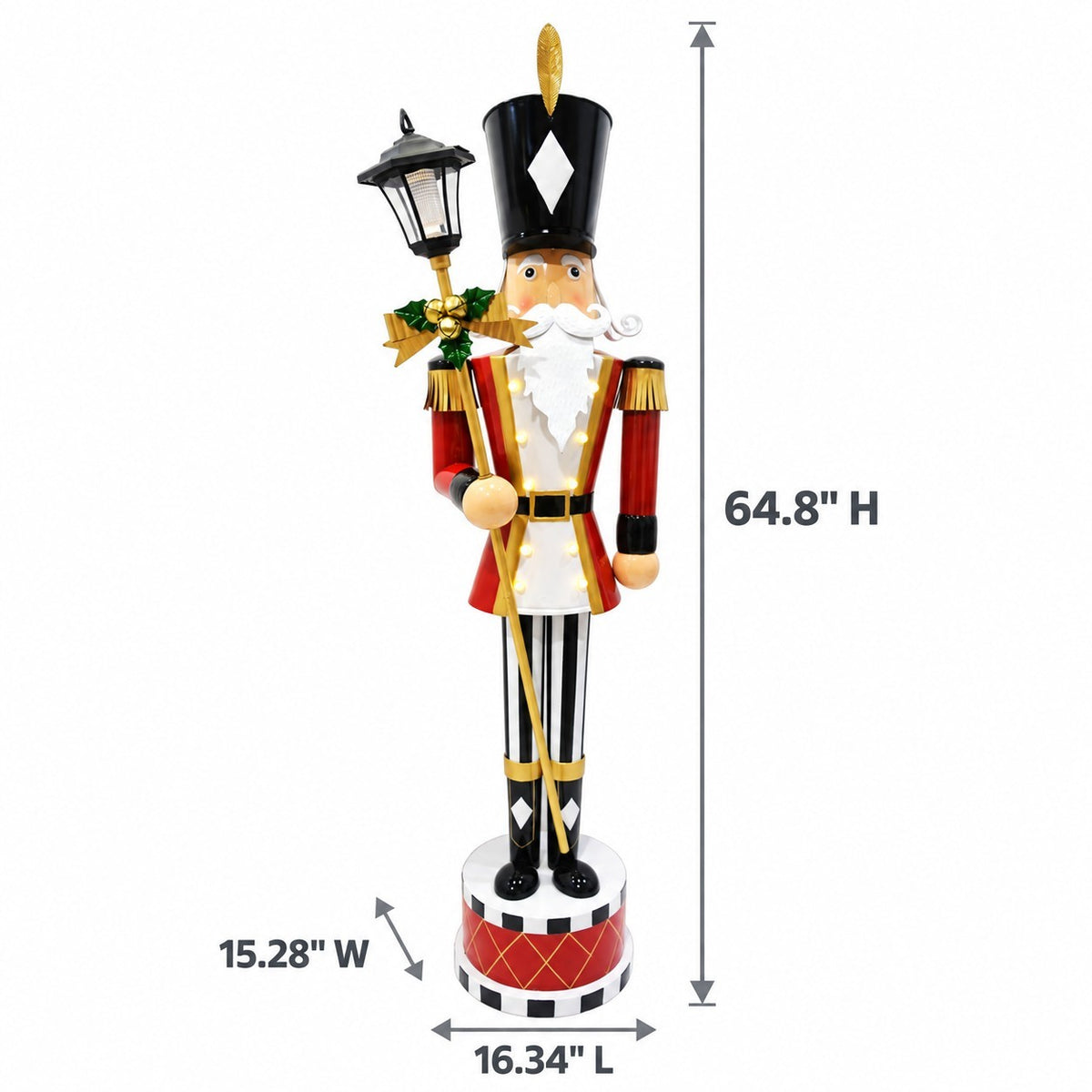 Full view of the nutcracker with arrows marking its height, width, and base length.