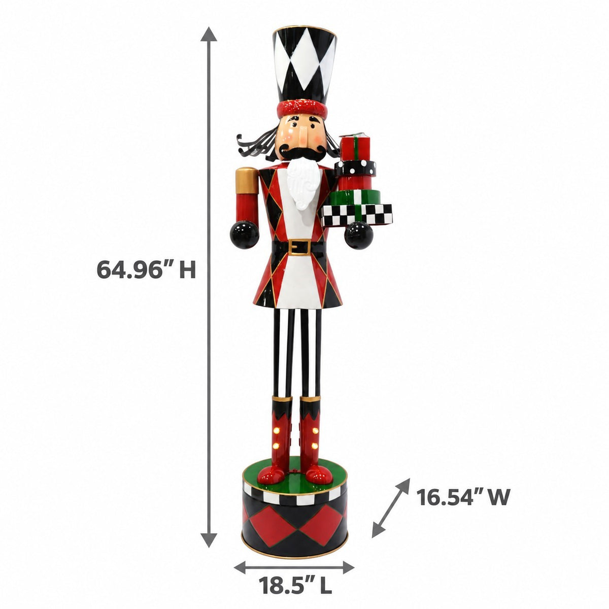 Full view of the nutcracker with arrows indicating its height, length, and width.