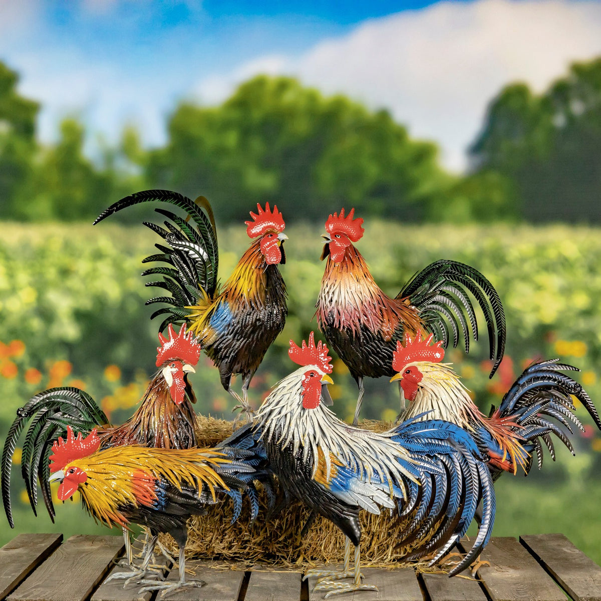 27" Tall Painted Iron Rooster Decoration "Chester"