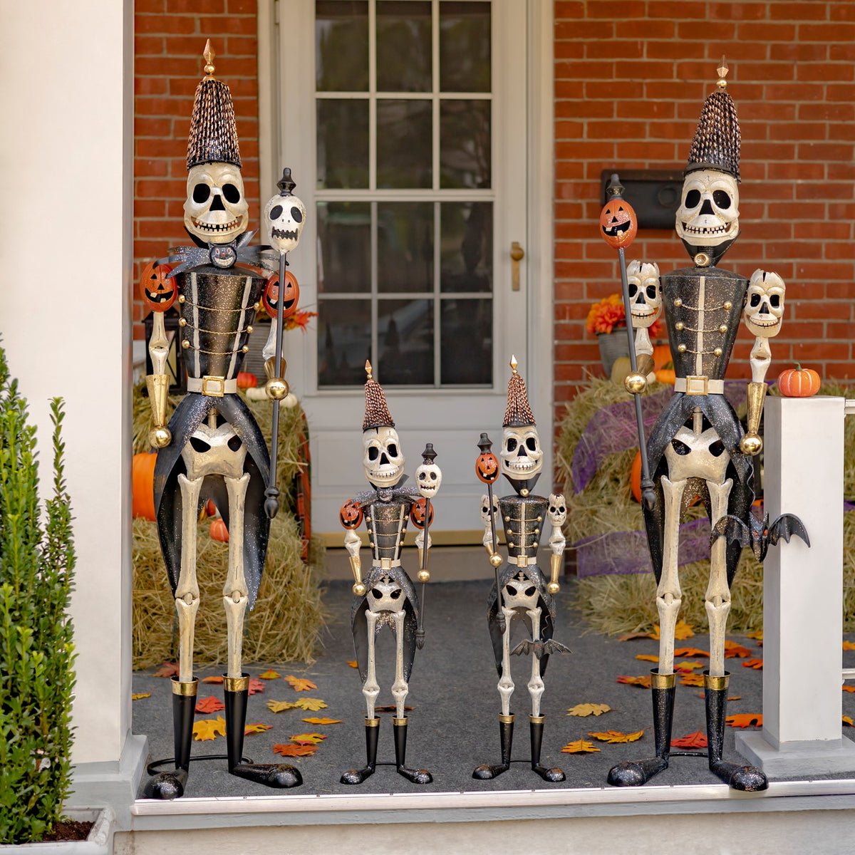 36" Tall Set of 2 Small Halloween Skeleton Soldiers Holding Staffs