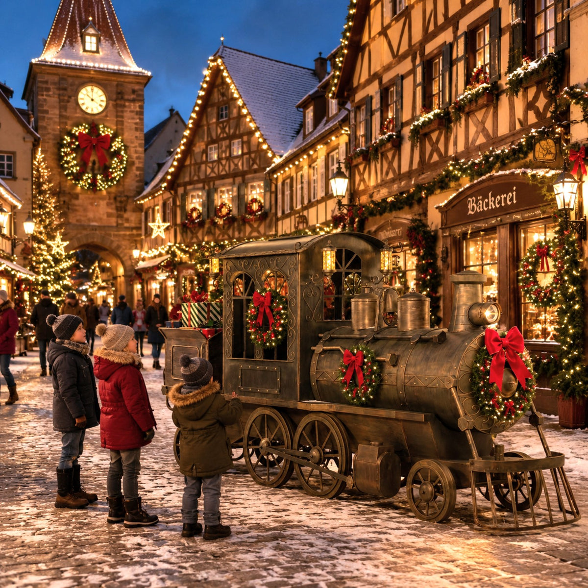 A decorated metal train with a small cart sits in a snowy Christmas market street, trimmed with wreaths and red bows.