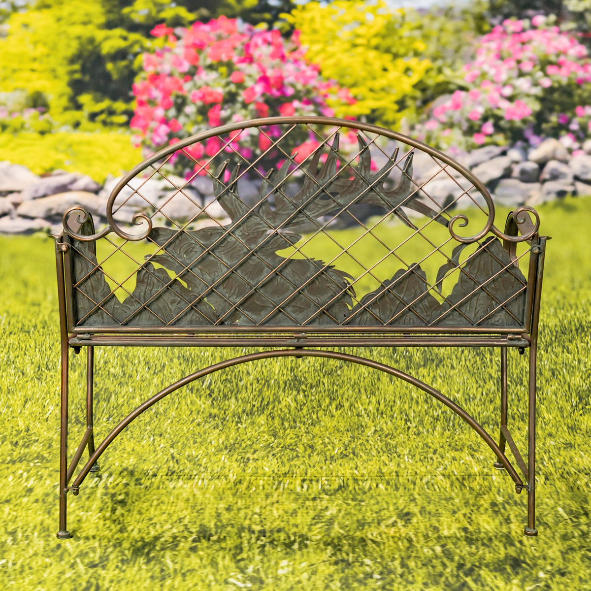 Rear view of the full bench, with an arched lattice backrest and curved lower support.