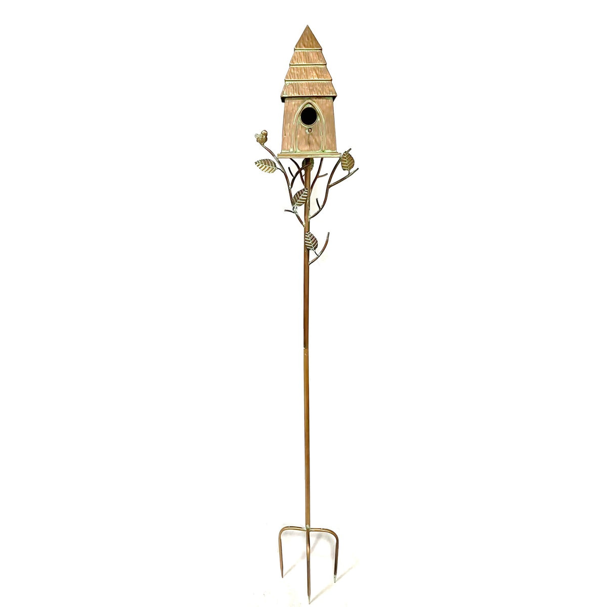 Metal birdhouse on a tall garden stake with branch and leaf accents and a pointed ground base.