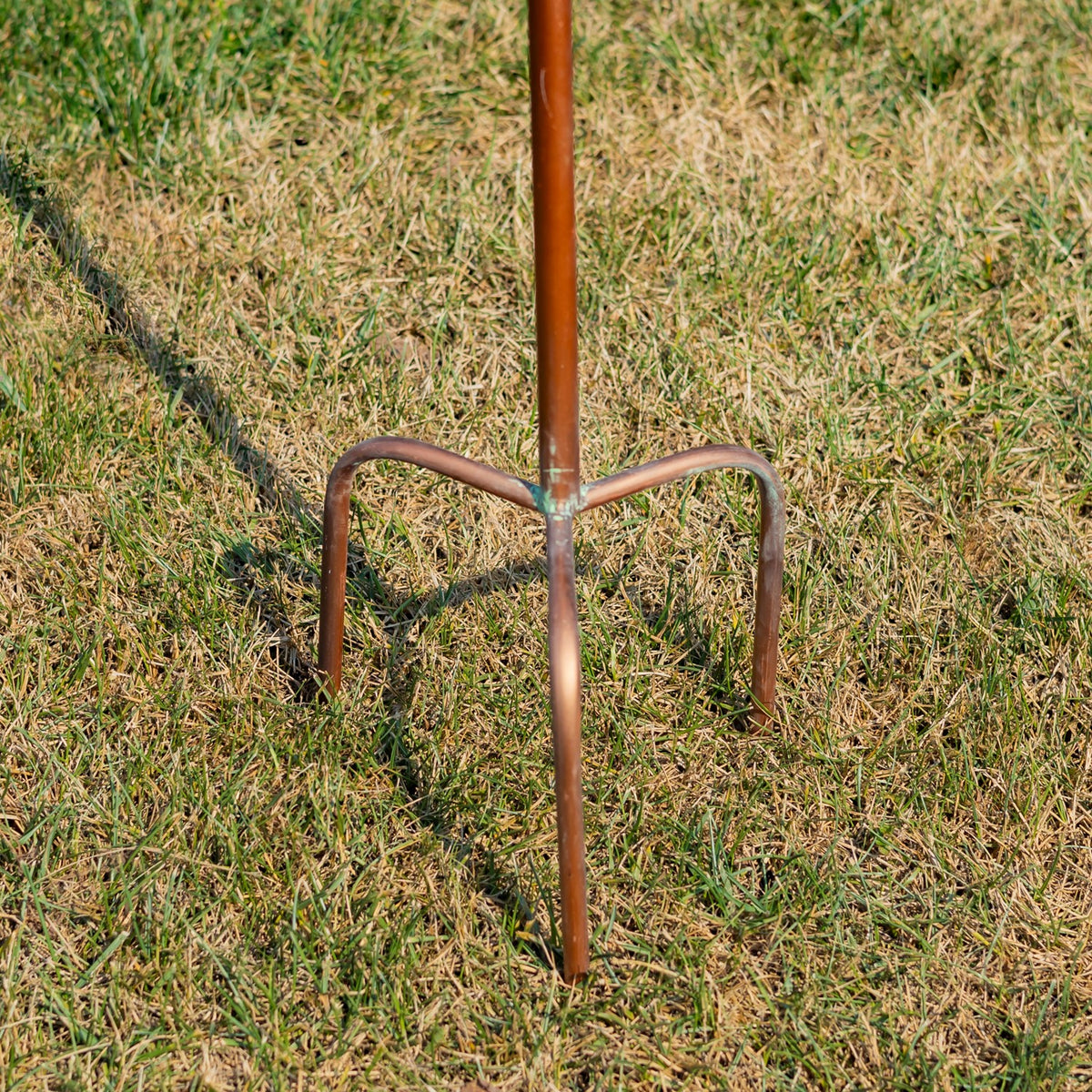 Long metal pole ends in two curved foot loops pressed into the grass