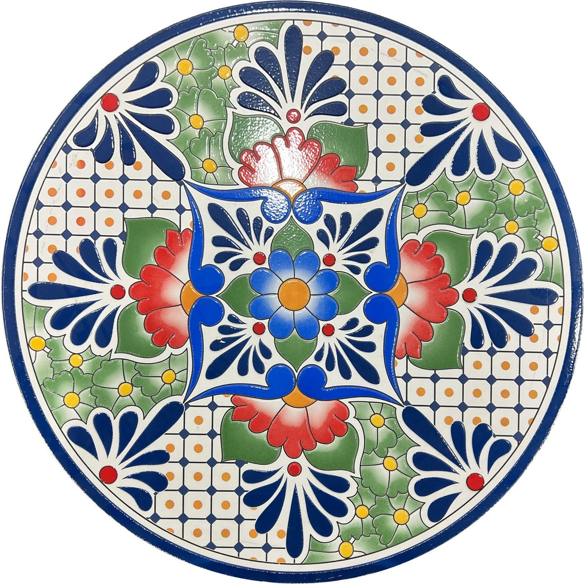 Round tabletop shown close up, with a colorful floral and geometric mosaic pattern.