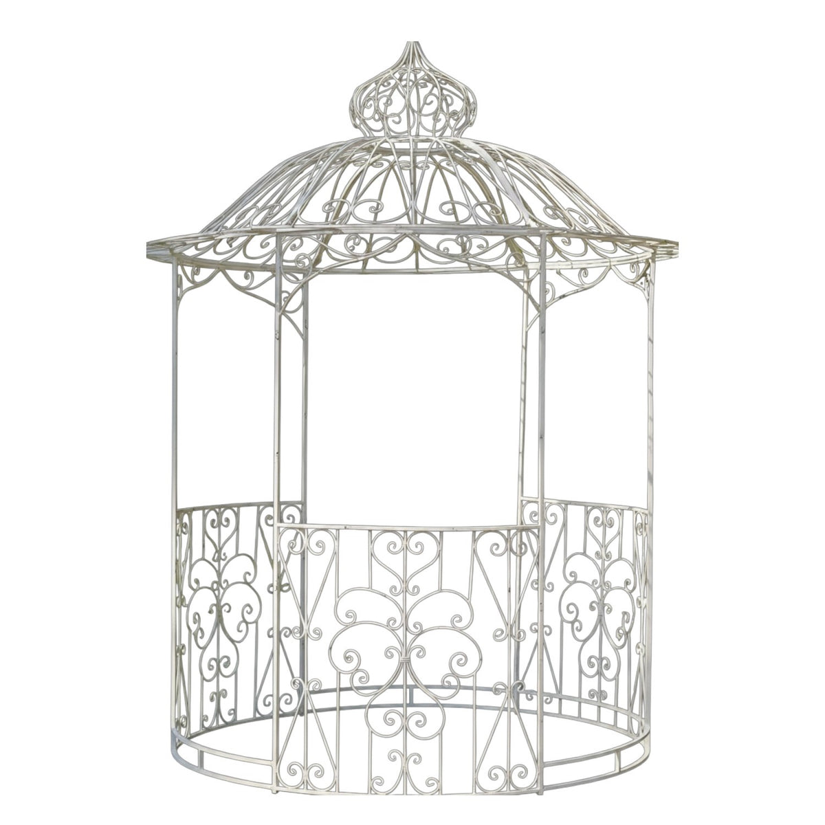 Tall round pale metal gazebo with an ornate domed roof, open sides and decorative scrollwork panels.
