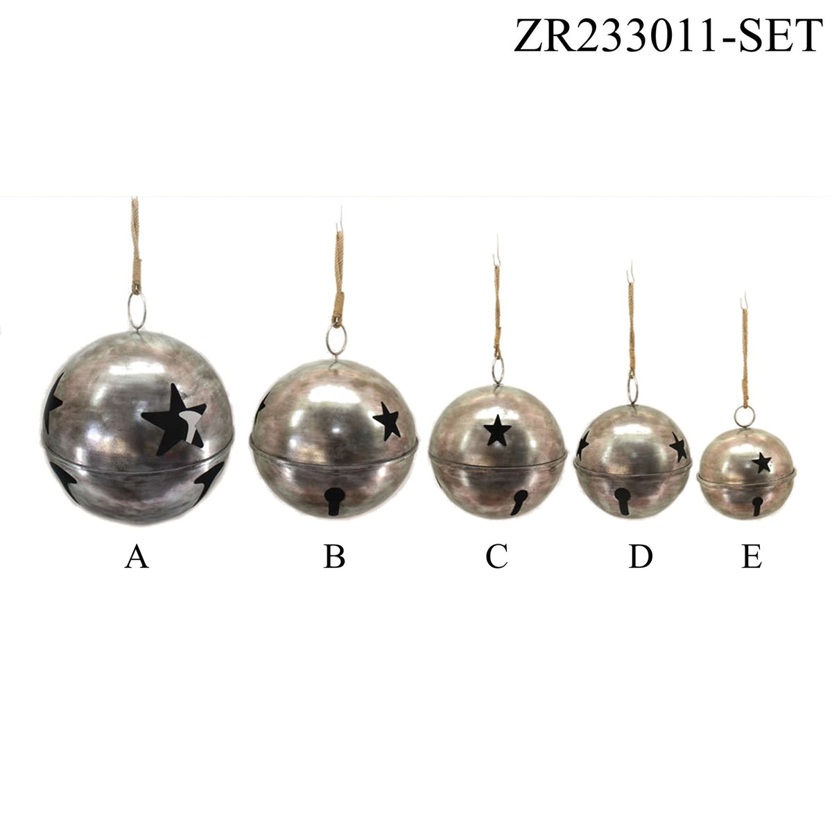 Five silver sleigh bells in graduated sizes, each with star cutouts and a hanging loop.