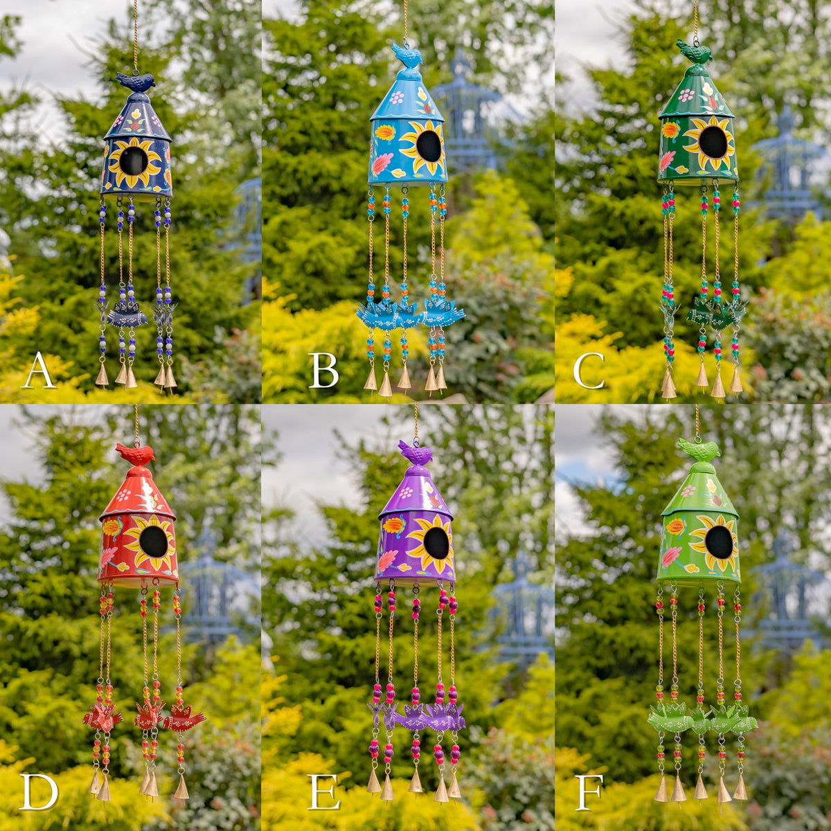 Six birdhouse wind chimes shown in blue, turquoise, green, red, purple, and light green against garden backgrounds.