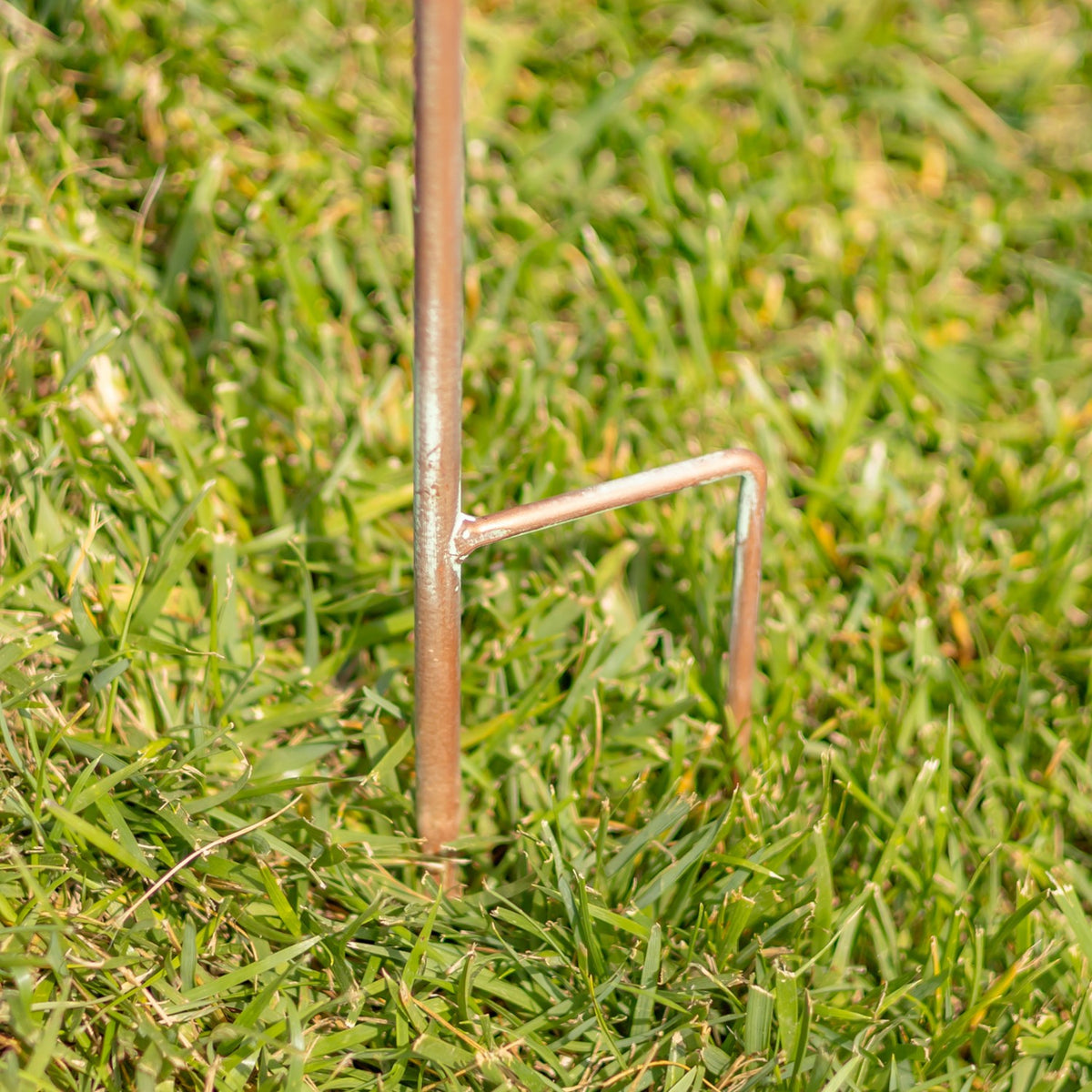 Close-up of the metal stake and angled foot pressed into grass.