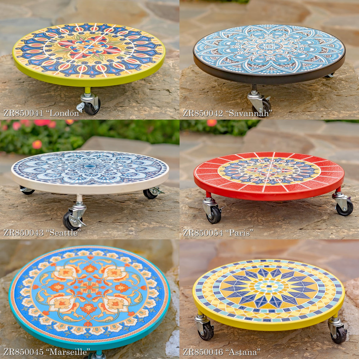 11.8" Ceramic Mosaic Tile Plant Trolley "Madrid" (Set of 2)