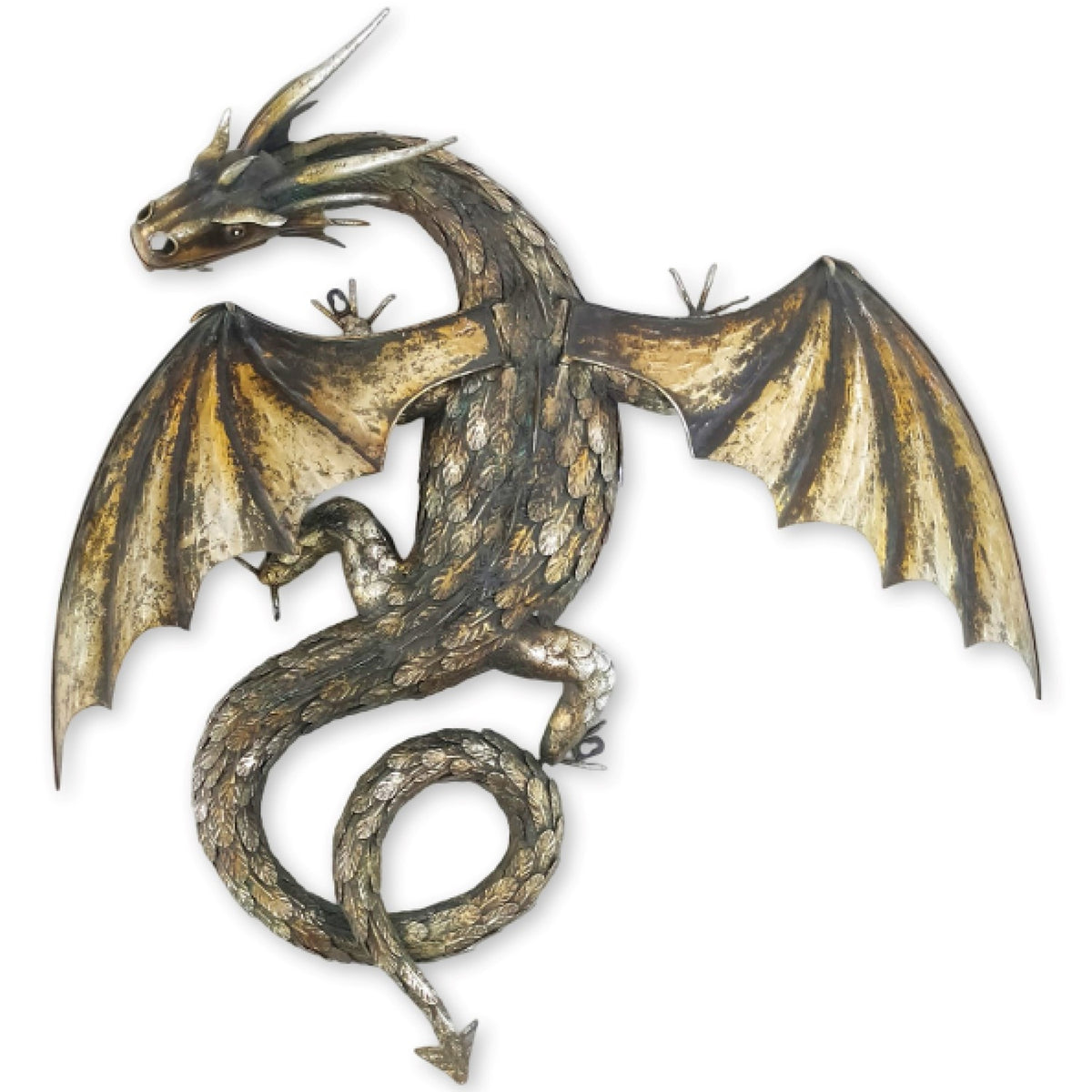 Full view of a metal dragon decoration with spread wings and a curled tail on a white background.