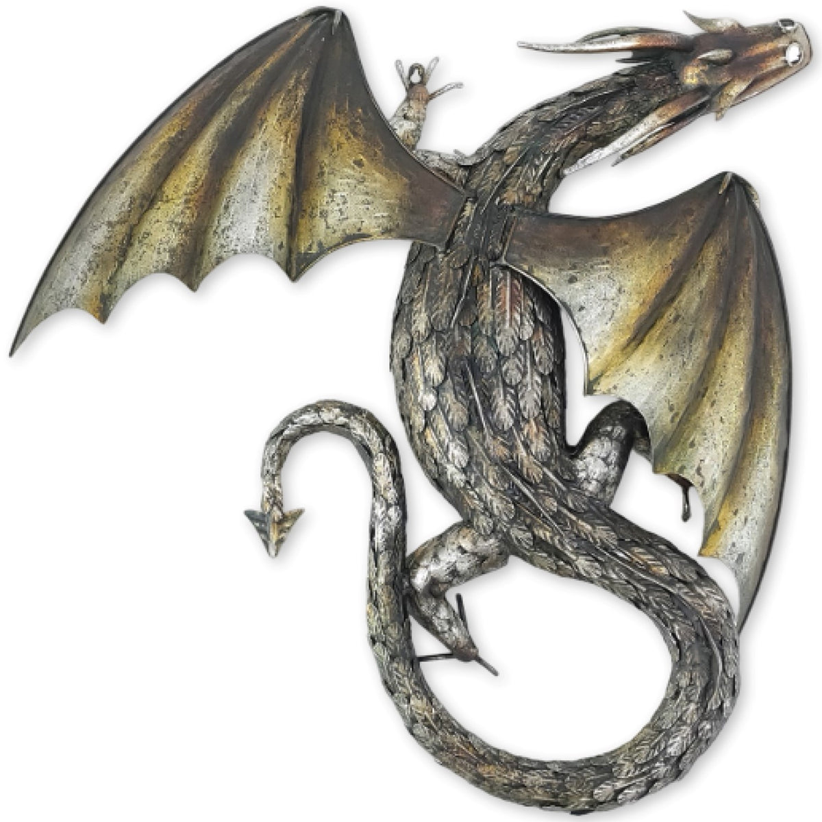 Full view of a metal dragon with outstretched wings, detailed scales, and a looping tail on a white background.