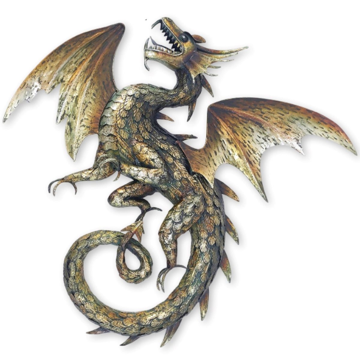 Metal dragon decoration shown alone on white, with open jaws, spread wings and a curling tail.