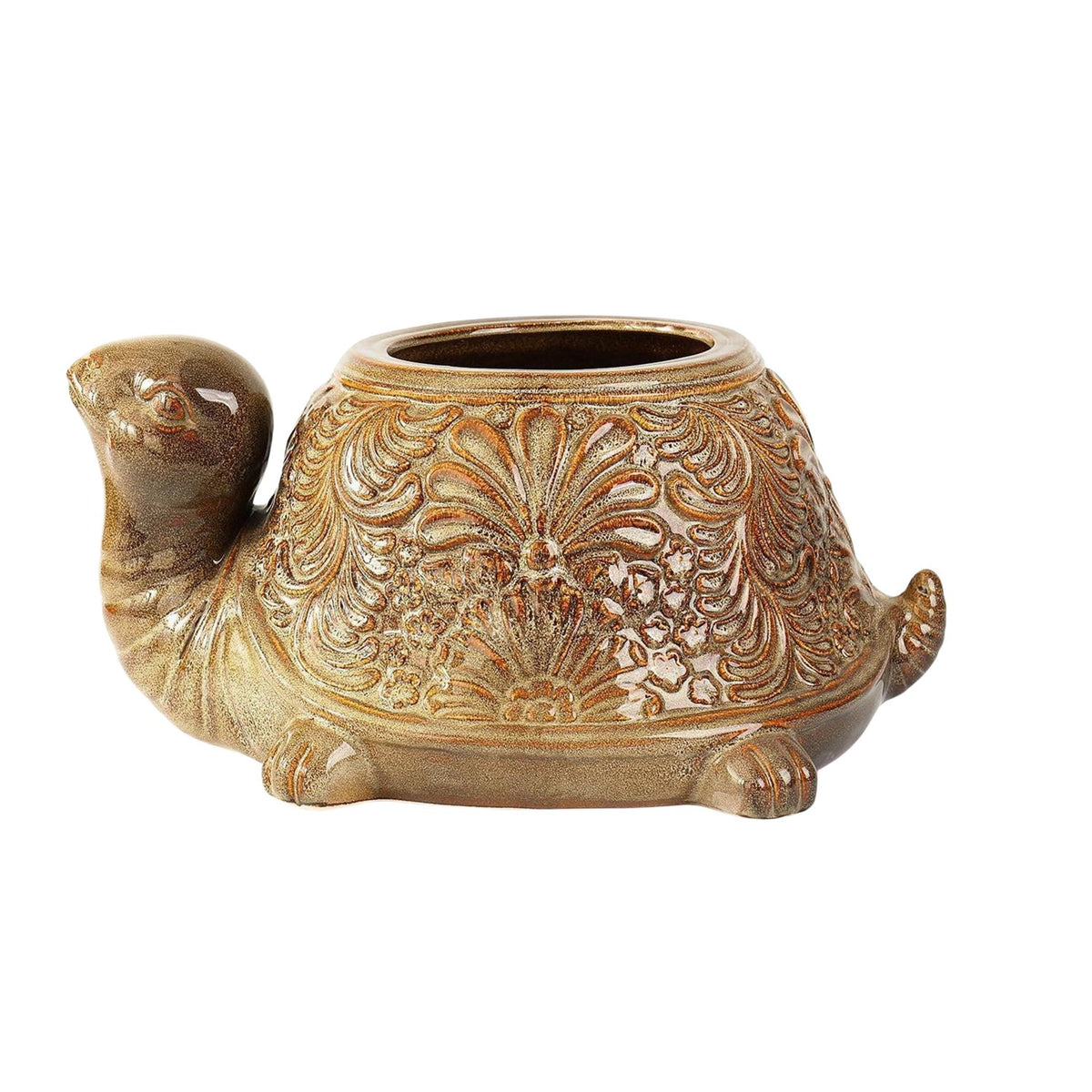 Turtle-shaped planter against a white background, with a raised head and floral shell decoration.