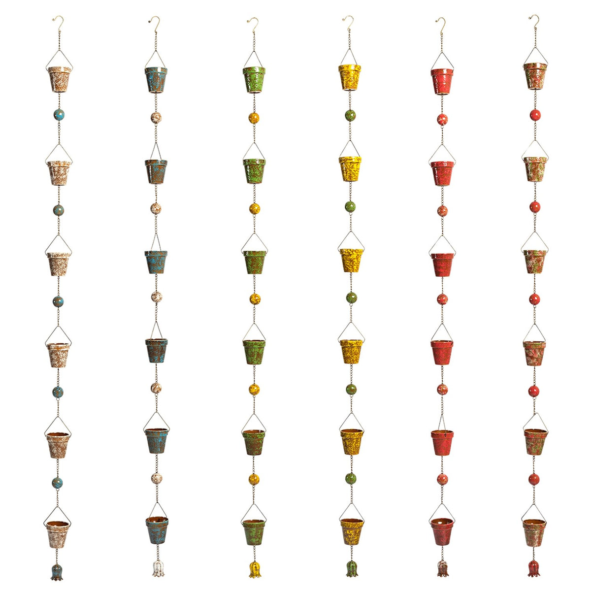 Six rain chains shown side by side, each with buckets and connecting beads in a different color combination.