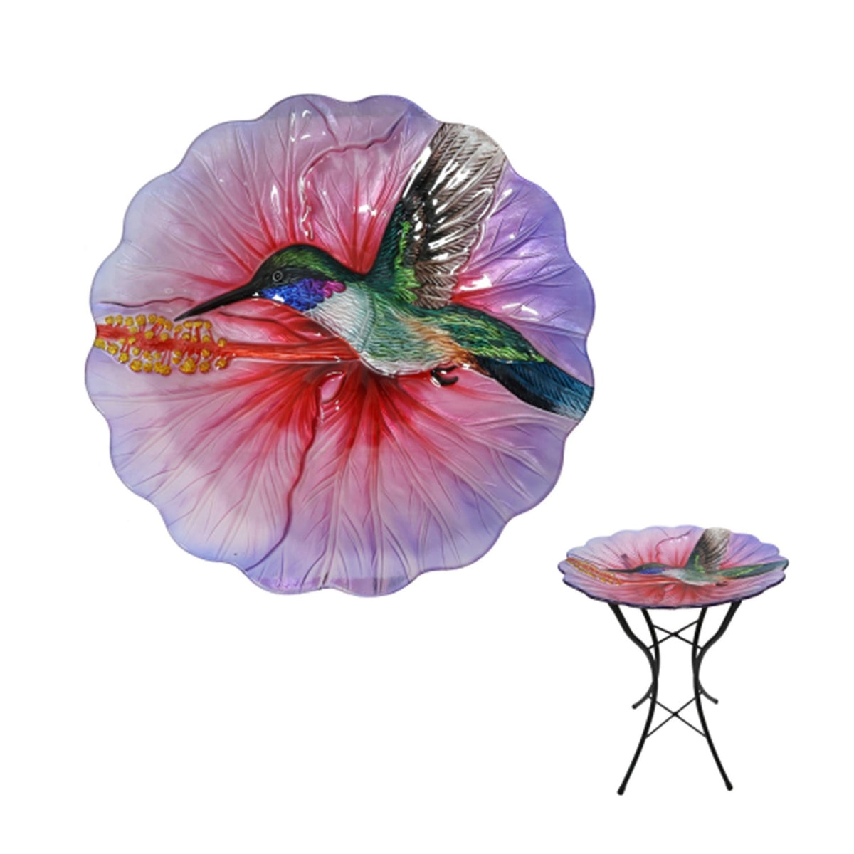 Scalloped pink and purple glass bowl with a hummingbird design, shown above a black metal stand.