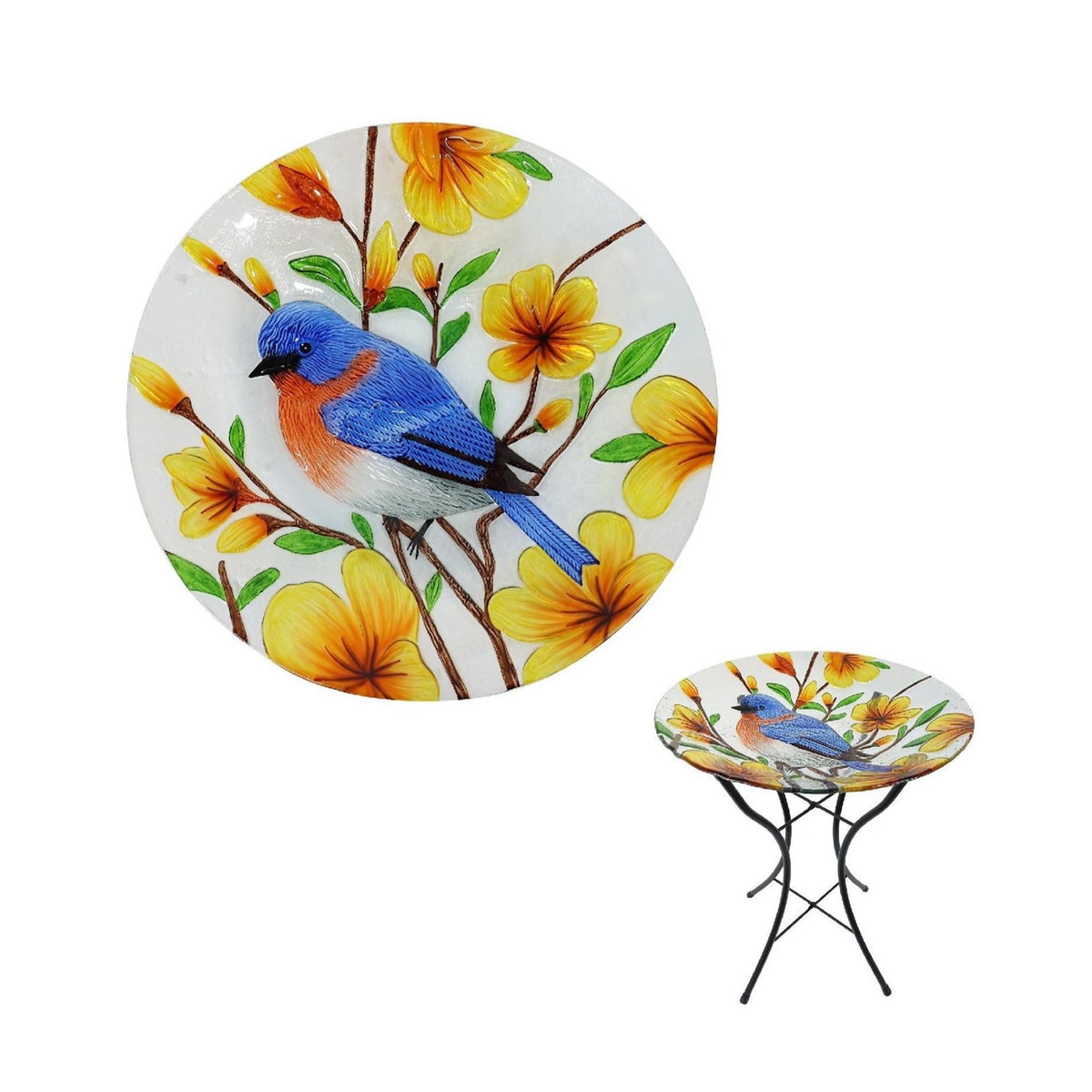 A round glass bowl decorated with a bluebird and yellow flowers, shown with its metal stand.