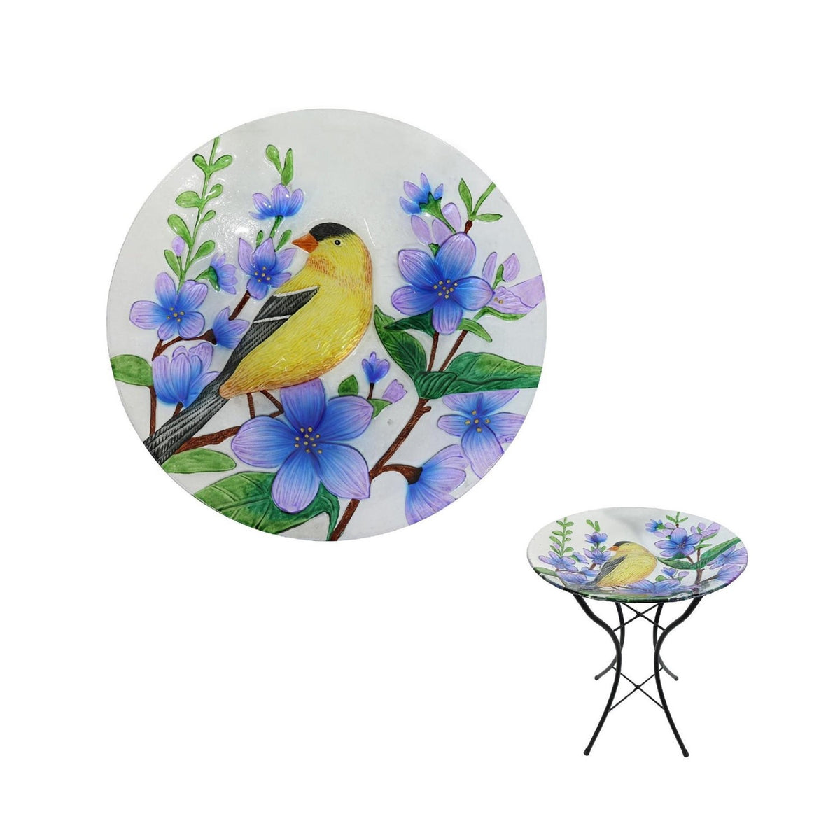 Round glass bowl with a yellow bird and blue flowers, shown above its metal stand.