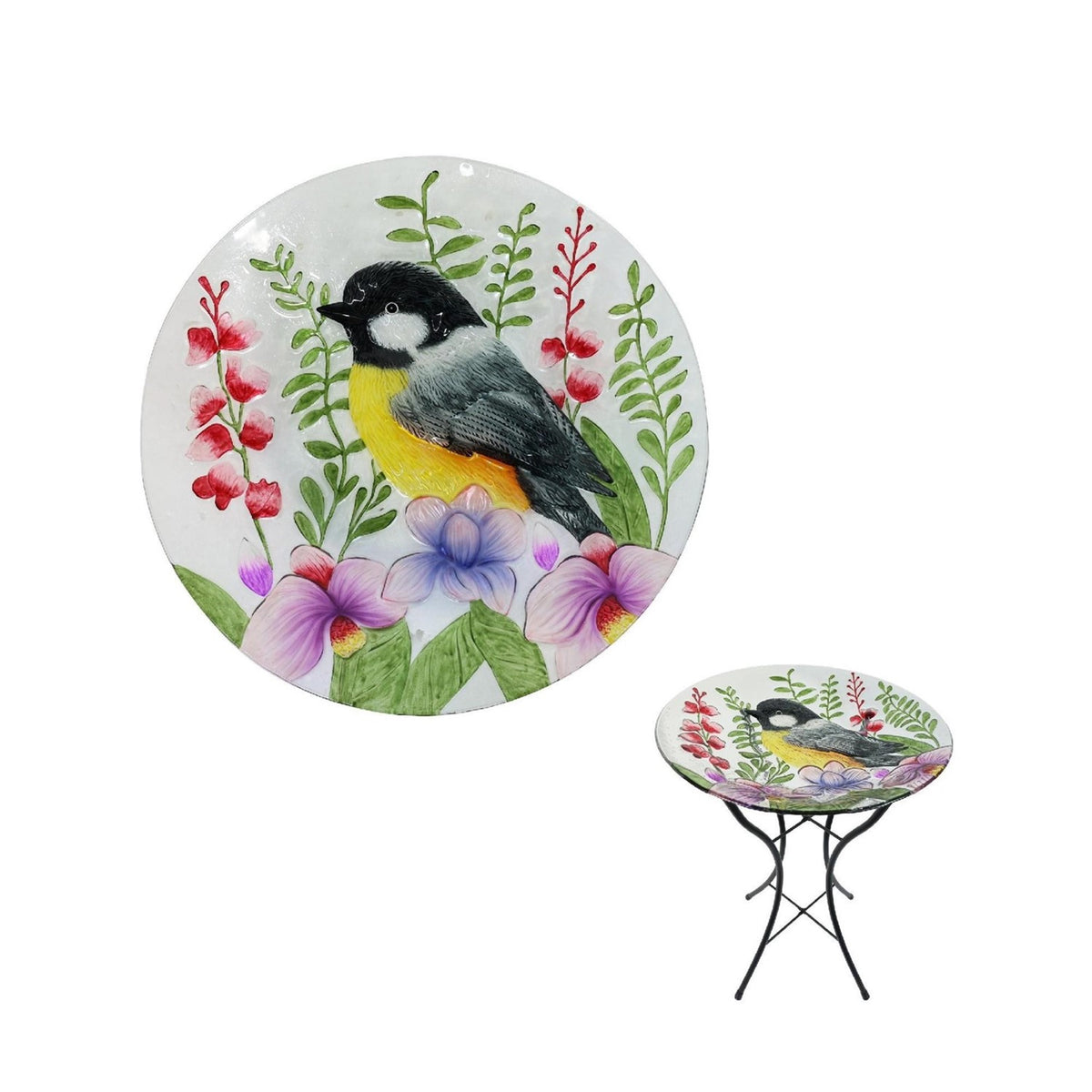 Round glass bowl painted with a small bird and flowers, shown above its black metal stand.