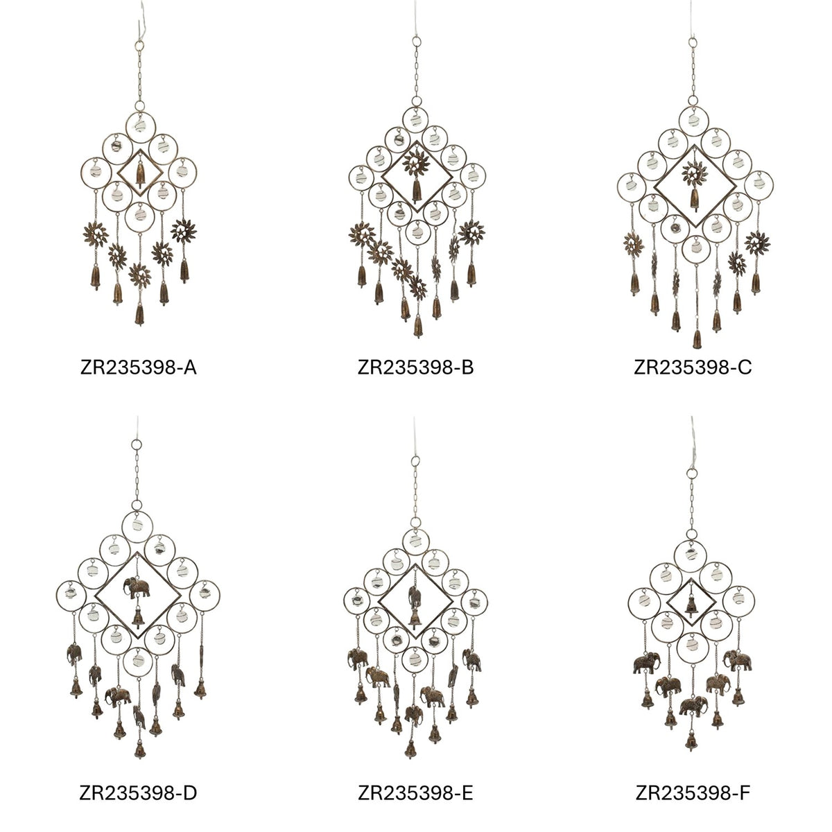 Six different metal wind chime designs are arranged in two rows against a white background.