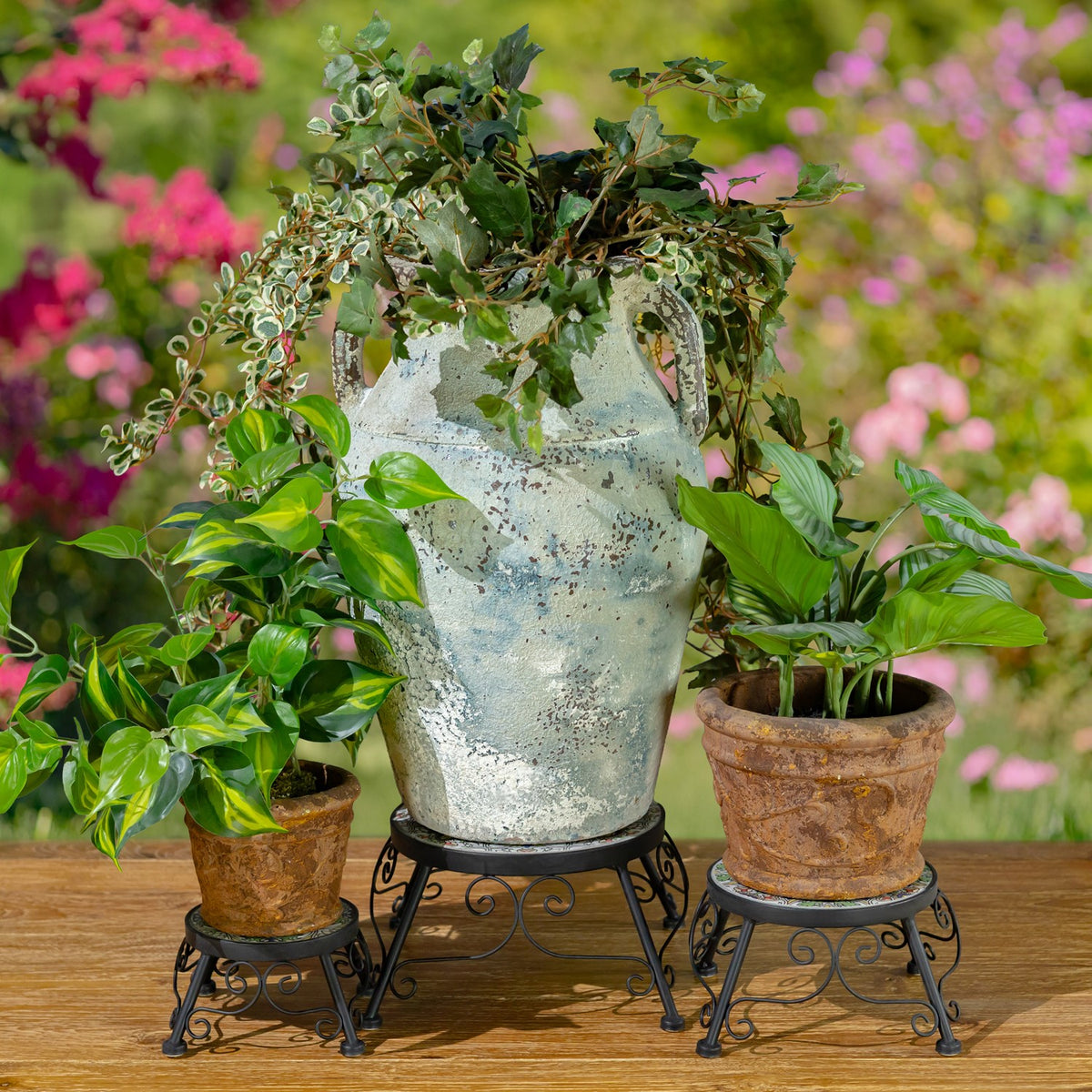 Set of 3 Assorted Mosaic Top Plant Riser Stands in Green/Blue/Yellow "Santarosa"