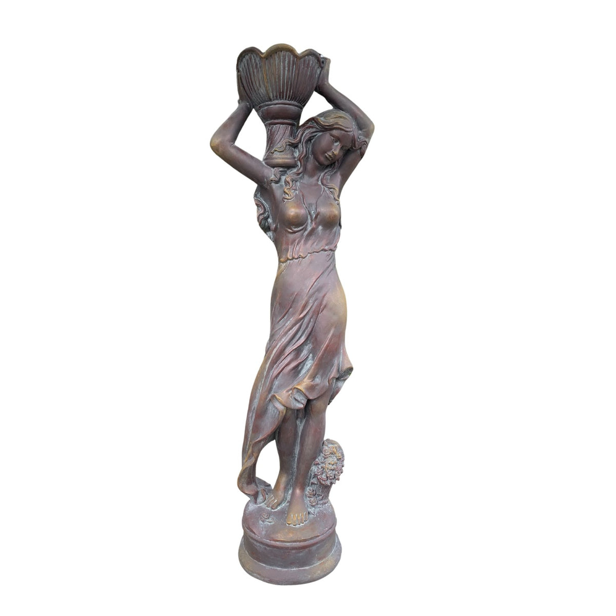 A single draped female statue with a raised flower pot is shown against a plain white background.