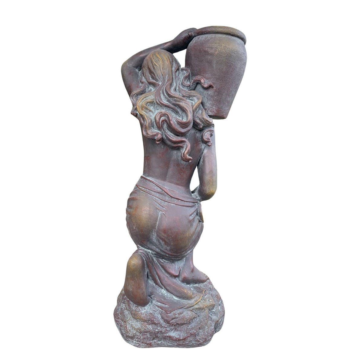 Back view showing the statue’s long wavy hair, draped skirt, raised arm, and urn.