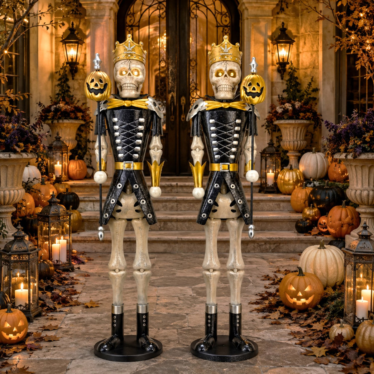 Two crowned skeleton sentries stand before a lantern-lit entrance decorated with pumpkins.